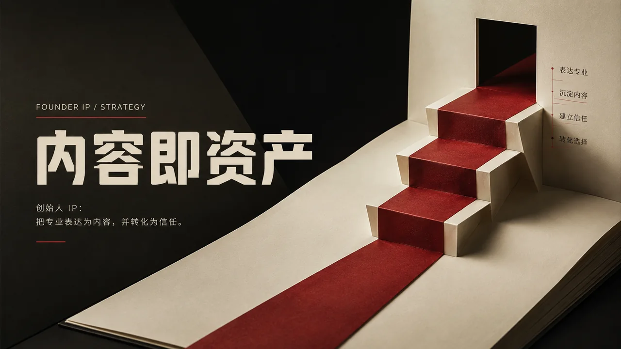 内容即资产:以书页和红色路径呈现创始人IP的内容策略