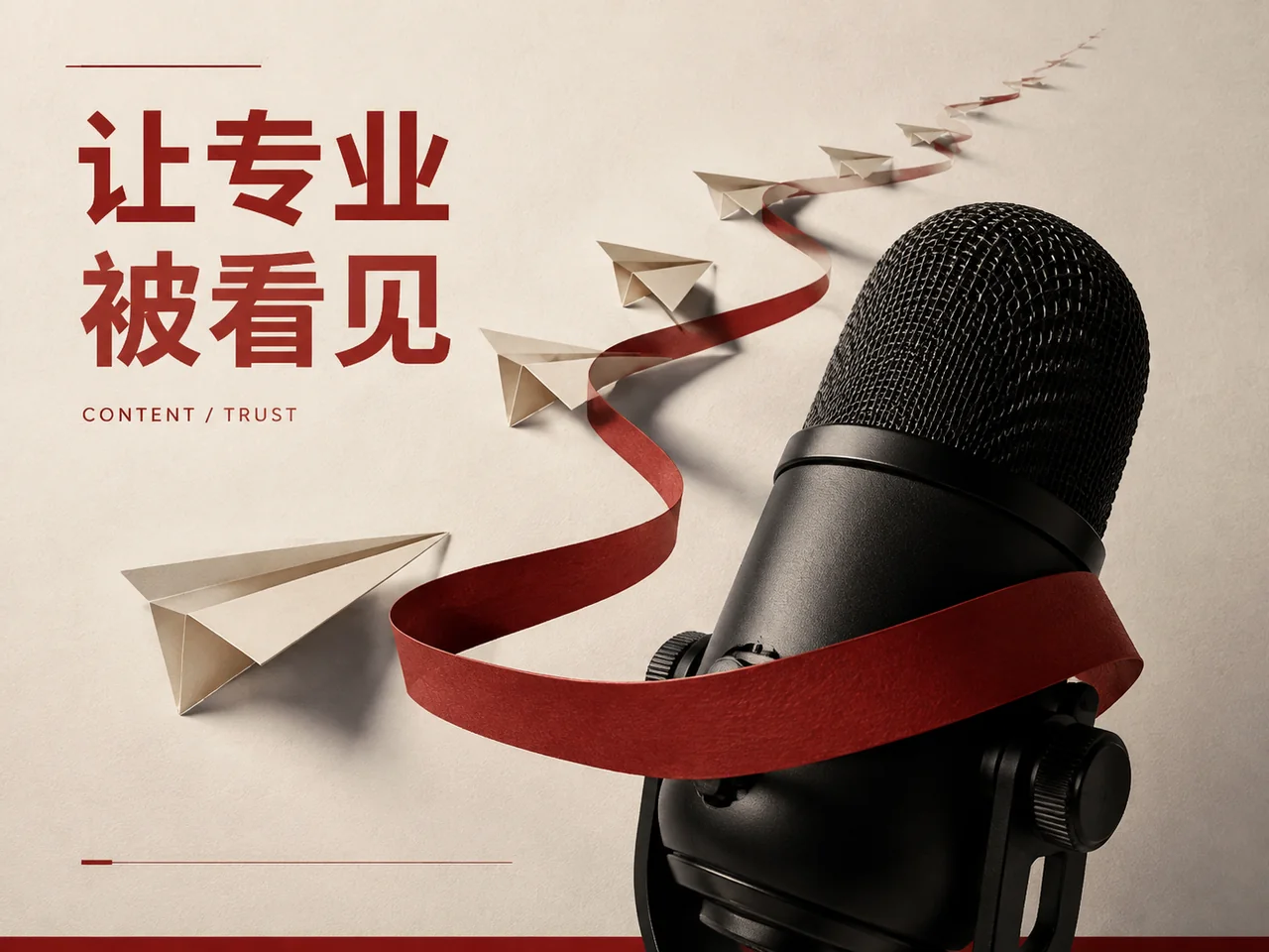 让专业被看见:话筒与红色纸带的品牌概念图